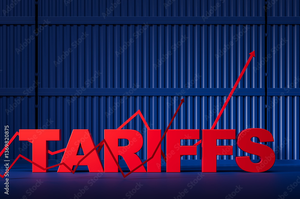 Aufkleber rising tariffs concept with red 3d text and financial growth chart. 3d rendering