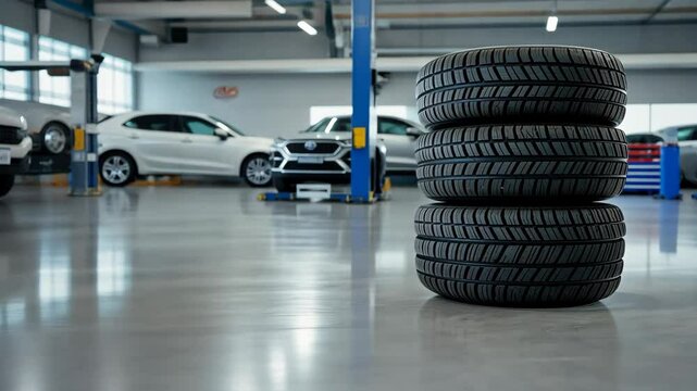New tires are stacked in the auto repair shop while technicians get ready to provide essential services to vehicles