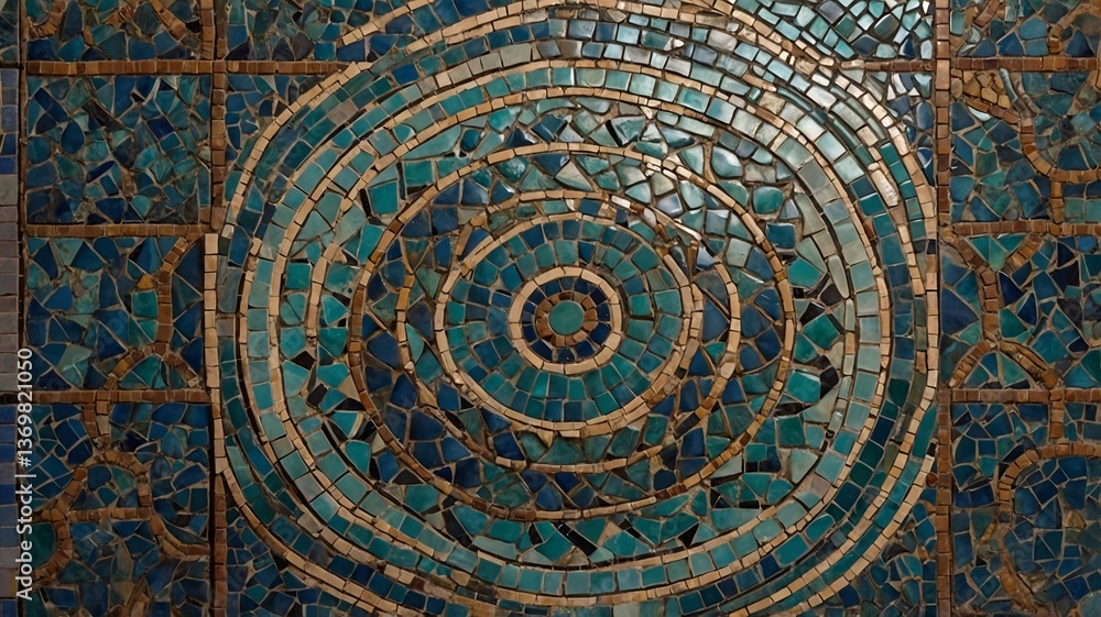 Poster intricate spiral mosaic design featuring shades of turquoise and blue, creating a mesmerizing patter