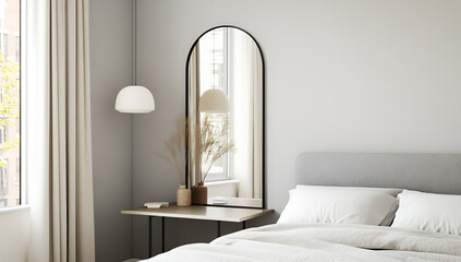 Modern bedroom, arched mirror reflects window view, minimalist decor