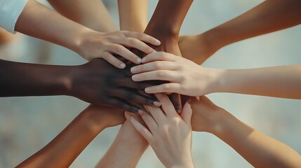 Close-up of hands from diverse ethnic backgrounds forming a circle