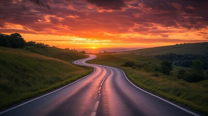 Naklejka premium A winding road under a vibrant and colorful sunset sky