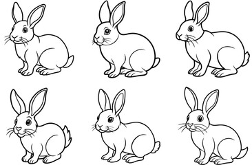 Obraz premium Cartoon line art of six outlined rabbits, cartoonish, on a white background, cute, art