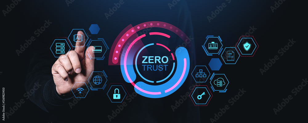 Aufkleber zero trust security concept with hand interacting with digital interface.