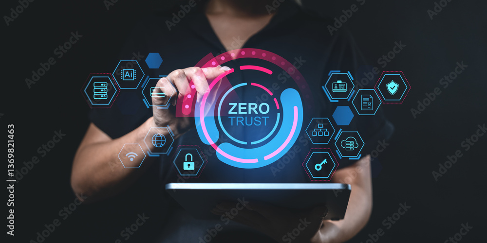 Poster zero trust security concept with holographic interface.