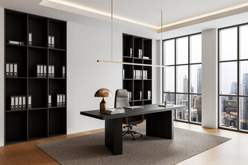 Modern executive office interior with large windows and cityscape view. 3D Rendering