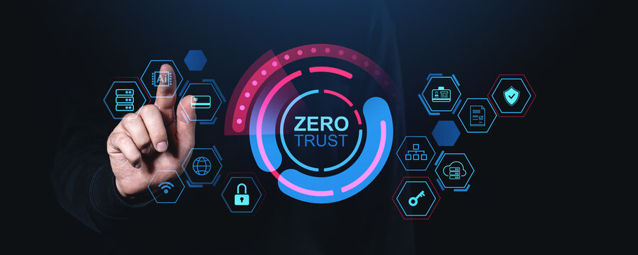 Zero Trust security concept with hand interacting with digital interface.