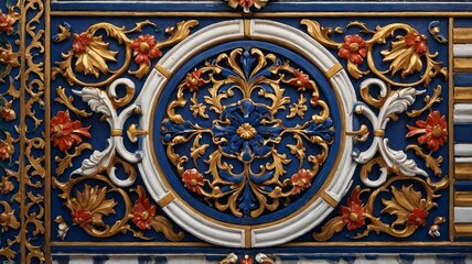 Obraz premium Intricate floral relief decoration in vibrant colors, showcasing detailed craftsmanship.