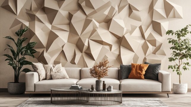 Modern living room with geometric wall. Interior design.  Possible use Stock photo for home decor magazines, websites, or real estate listings