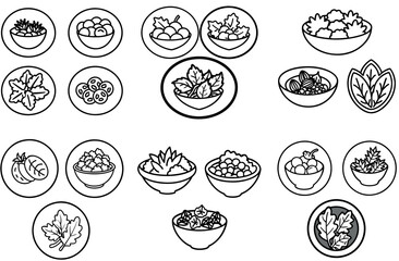 Bowl Icons Collection, Outlined Food Items, Assorted Monochrome Design, Leaf, Fruits, Vegetables
