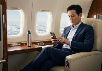 Asian businessman uses his smartphone during a luxurious private jet flight above the clouds.