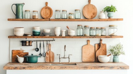 Rustic kitchen shelves display jars, bowls, utensils, and cutting boards.  A farmhouse sink is below