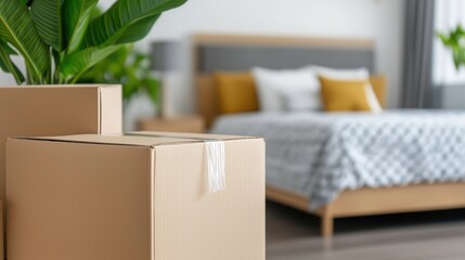 Modern Bedroom with Boxes and Plants