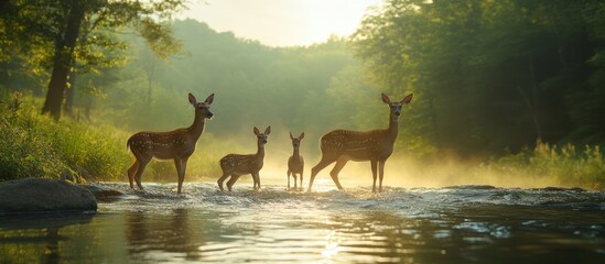 Deer family wading in a misty forest river at sunrise.