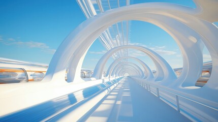 an eye-level view of an arched bridge with a bright blue sky background. The bridge's sleek design has a futuristic appearance.