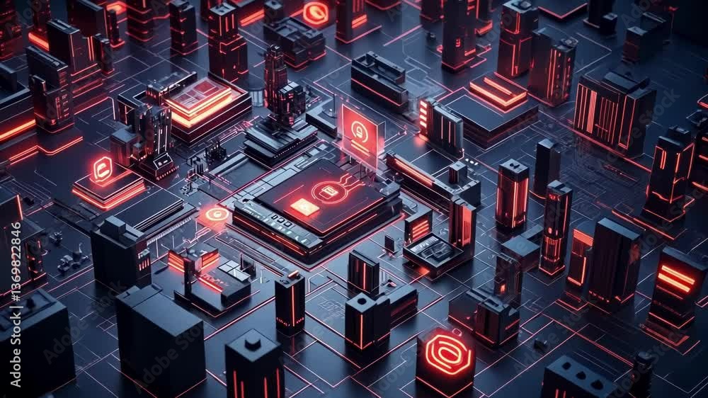 Poster complex network of circuits and glowing neon lights safeguarding sensitive data on a futuristic micr