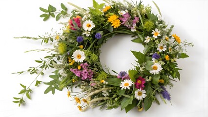 Handmade Floral Wreath with Wildflowers and Greenery, Isolated on a White Background, perfect for seasonal decorations and rustic home styling, Professional Seasonal Decoration Stock Image