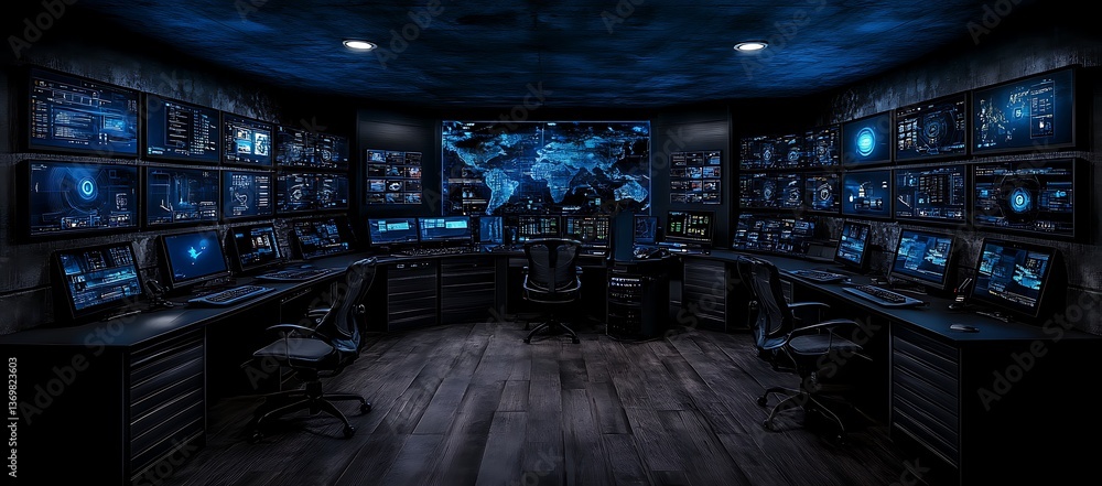 Poster a command center displays digital data on various computer screens