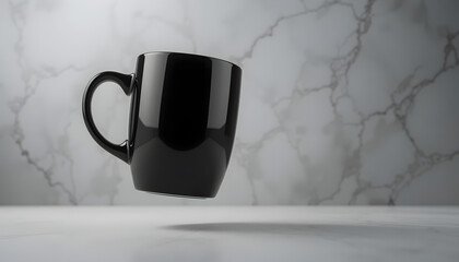 Elegant glossy black coffee mug mockup captured in mid-air with a realistic ceramic shine.