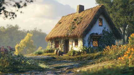 Quaint Rustic Cottage Surrounded by Nature in Serene Landscape