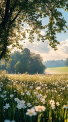 Fototapeta premium Serene Meadow with Wildflowers and Trees on a Sunny Day