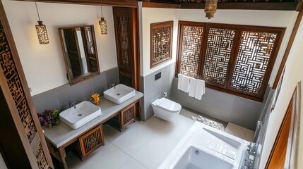 Luxurious Asian-style bathroom, overhead view