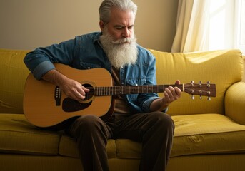 Obraz premium A mature man with a long white beard is playing an acoustic guitar on a yellow couch.