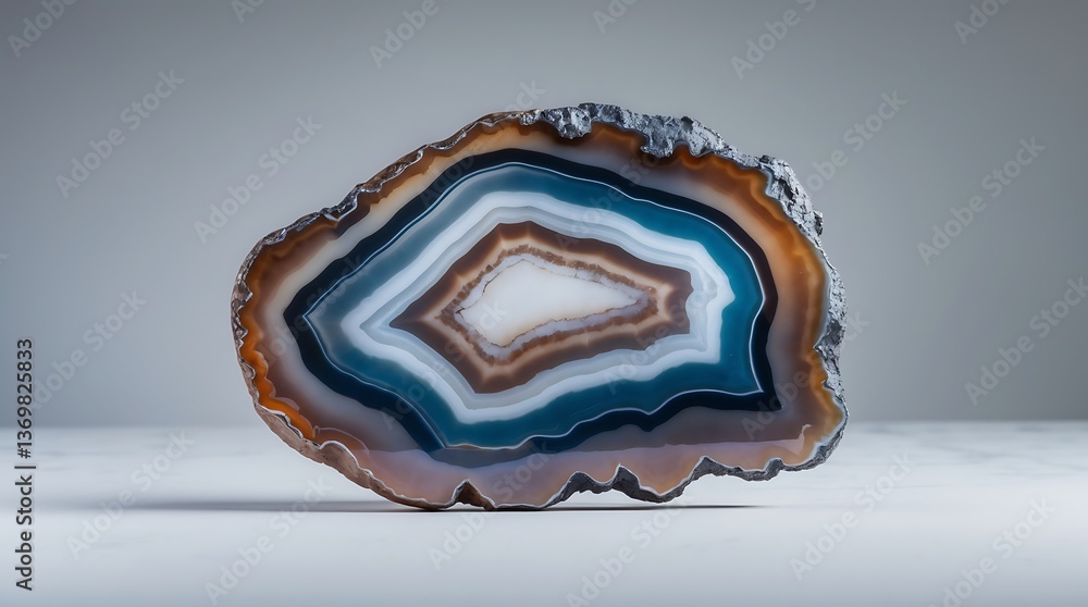 Poster polished agate stone with unique patterns displayed on a neutral surface