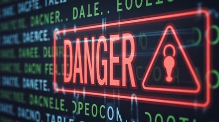 Fototapeta premium Close-up of a glowing red warning sign symbolizing cyber threats and digital security risks, representing online safety, data protection, and internet vulnerability concepts.