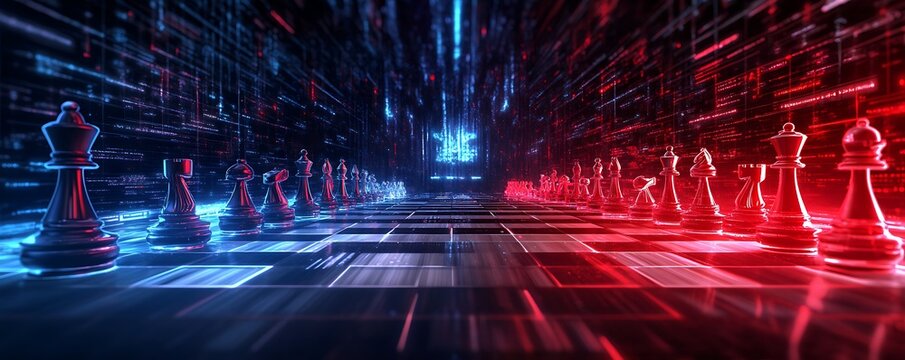 Chess pieces in a digital battlefield with red and blue lighting