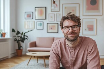 Smiling man in casual attire sitting in a stylish living room with modern decor and plants