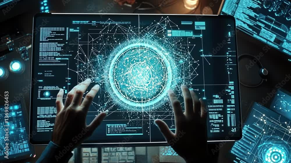 Fototapete Top view of a software engineer interacting with a touchscreen interface and multiple screens displaying complex data analysis, code, and a glowing network sphere in a dark setting