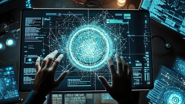 Top view of a software engineer interacting with a touchscreen interface and multiple screens displaying complex data analysis, code, and a glowing network sphere in a dark setting
