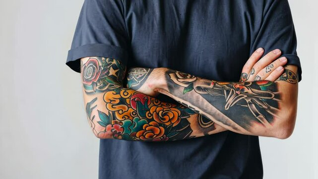 A person stands with their arms crossed, showcasing intricate and vibrant tattoos on both forearms against a light backdrop, highlighting a contemporary style.