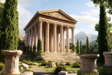 Obraz premium A 3D-rendered digital reconstruction of ancient Roman ruins in France, showing how they looked centuries ago