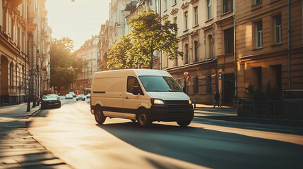 Obraz premium White delivery truck driving on asphalt road under warm evening light, casting long shadows with a clean modern design and blurred background. Transportation and logistics concept.