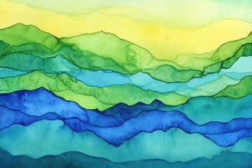 Serene Watercolor Mountainscape Abstract Green  Blue Hills.