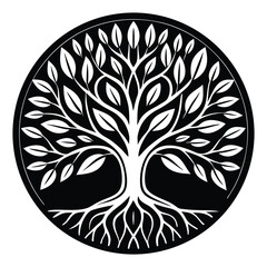 Black and White Ornamental Vector Tree with Floral and Tribal Elements
