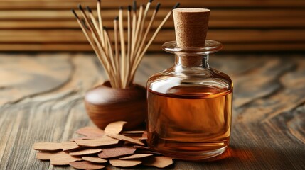 Sandalwood Essential Oil, Aromatic Sandalwood Chips, and Incense Holder on Wooden Table