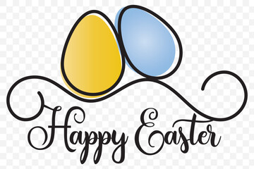 One line drawing. Abstract decorative horizontal ornament with Easter coloring eggs, stem and leaves. Beautiful hand drawn Easter eggs. Happy Easter border design element. Vector stock illustration.