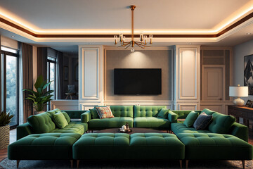 Obraz premium Elegant living room with a green sectional sofa and tufted cushions. A chandelier hangs above a TV on the wall, creating a cozy and modern ambiance.