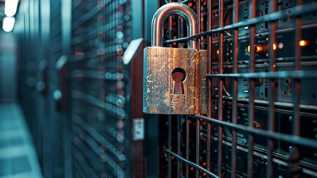 A padlock secures a storage cage within a high-tech data center, illuminated by soft blue lighting and surrounded by rows of connected equipment and cables.