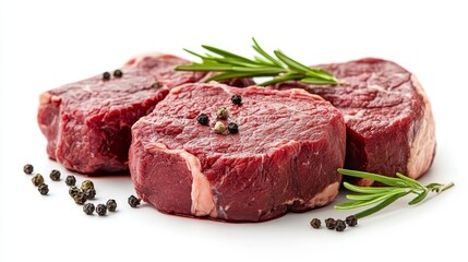 Fresh raw beef steaks with herbs and pepper on white background close-up shot.