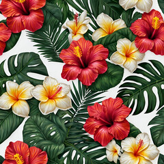 red and white flowers, Vibrant hibiscus, plumeria, and palm leaves in a 3D-rendered tropical style, arranged in a repeating pattern with a clean