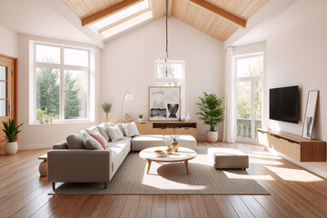 Fototapeta premium Bright interior living space with high ceilings and skylights, featuring neutral furniture, wooden floors, plants, and large windows offering an outdoor view.