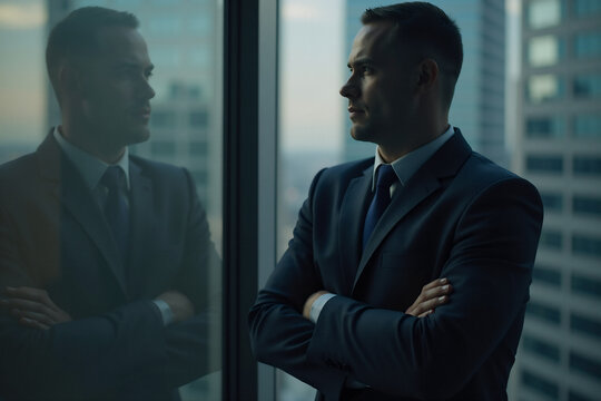 A businessman in a suit contemplates the cityscape from a high-rise office window, reflecting success and ambition against the urban skyline.