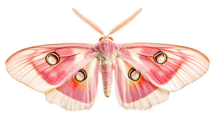 A pink butterfly with yellow eyes