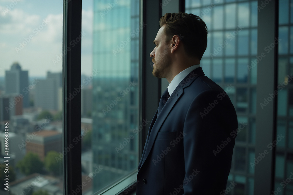 Aufkleber a man in a suit gazes out a large window, observing the cityscape from a high-rise building. the vie