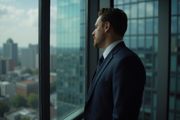 Naklejka na ściany i meble A man in a suit gazes out a large window, observing the cityscape from a high-rise building. The view includes other buildings and a bright sky. He appears thoughtful in a professional environment.