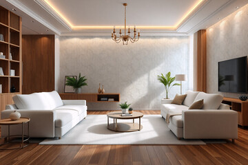 Bright modern living room with white sofas, wooden floor, rug, round coffee table, plants and chandelier under ceiling lights.